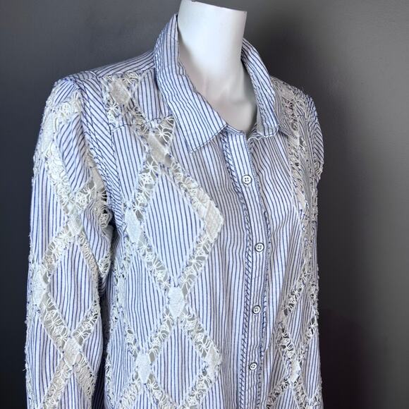 Free People Top small button down all over crochet oxford Maldives Stripes NWT - Picture 10 of 14